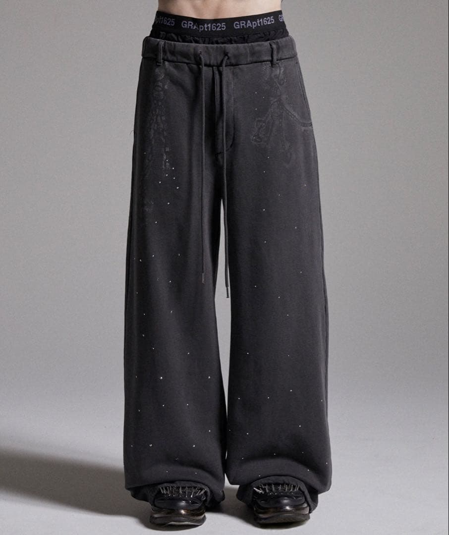 GRANCY ラインストーンデザインレイヤードスウェットパンツ グレー Sサイズ