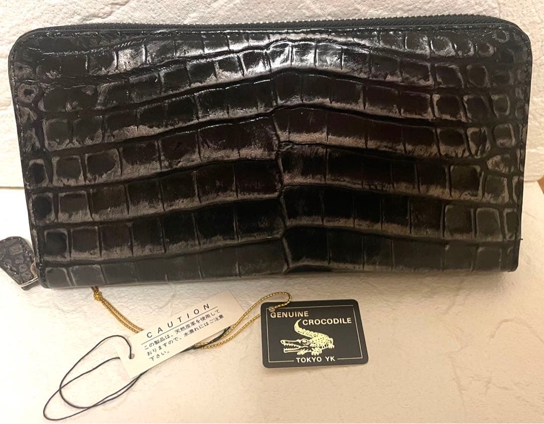 週末セールクロコダイル長財布 一枚革 黒シルバーメタリック染　TokyoYK製