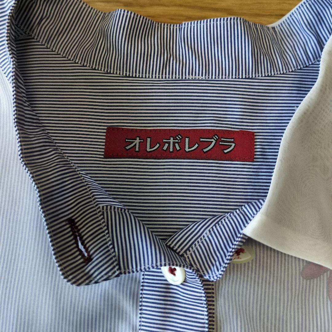 オレボレブラ♥️ぶたさん刺繍ブルーストライプチュール襟袖半袖ブラウス