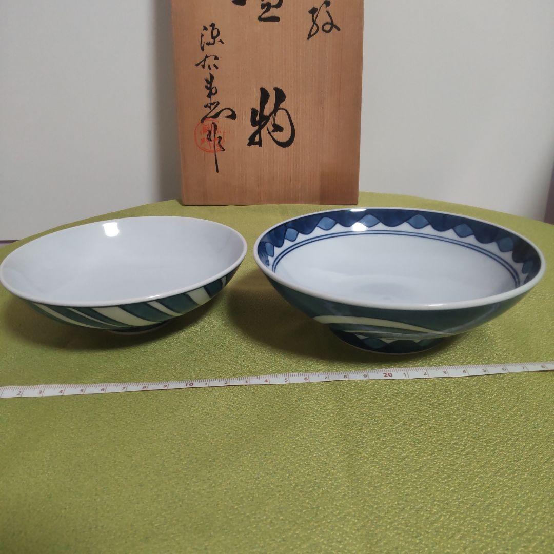 源右衛門 どんぶり 波 染付 蓋物 染錦 丼 小どん 中 6客 手描き 木箱