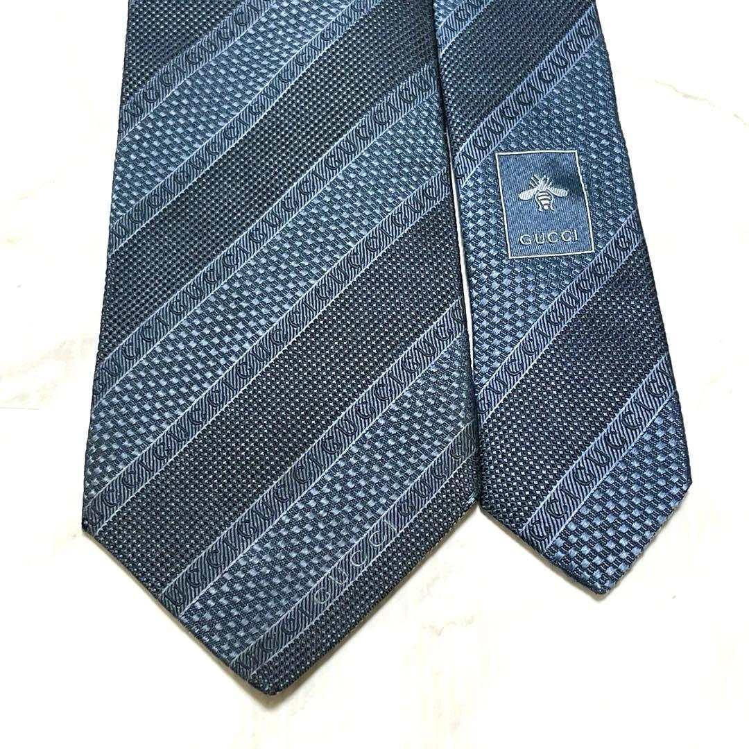 GUCCI グッチ 現行 ロゴ入り 蜂タグ ブルー グレー ネクタイ イタリア製
