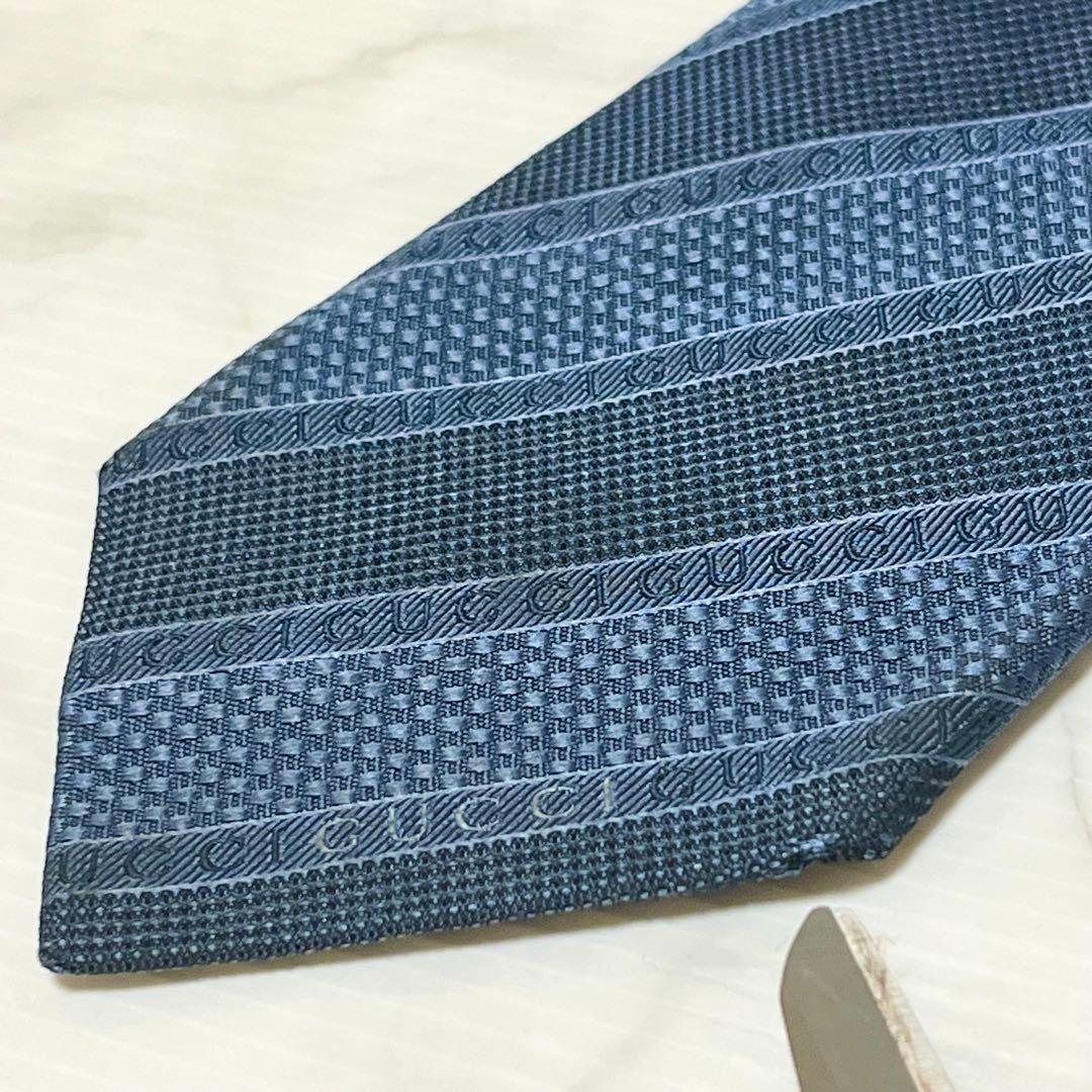 GUCCI グッチ 現行 ロゴ入り 蜂タグ ブルー グレー ネクタイ イタリア製
