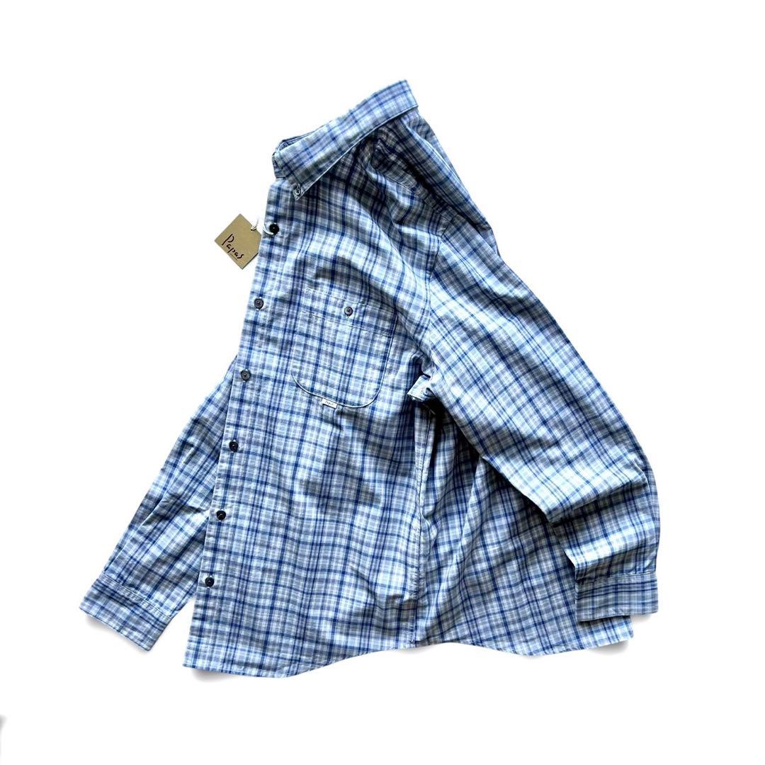 【新品未使用】papasパパス/ブルーチェック長袖シャツ/ L