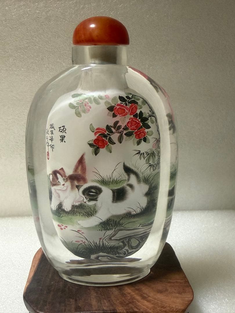 猫と花の絵柄 ガラス製鼻煙壺