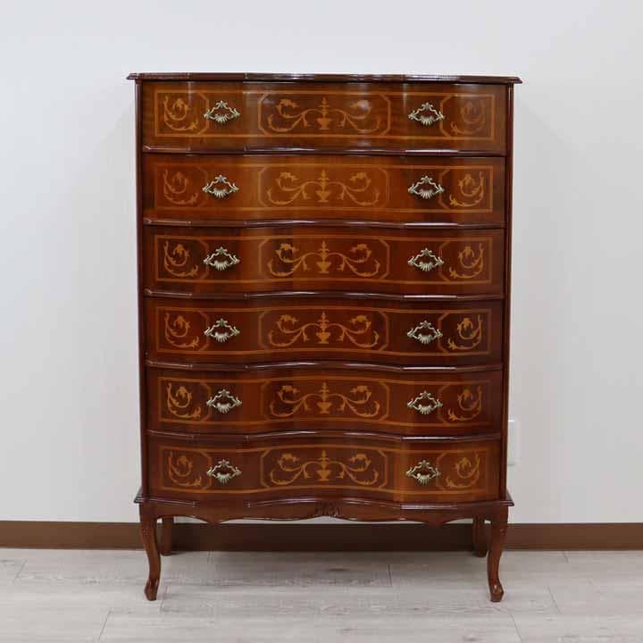 6段チェスト 木製 イタリア 猫脚 象嵌 完成品 チェスト タンス