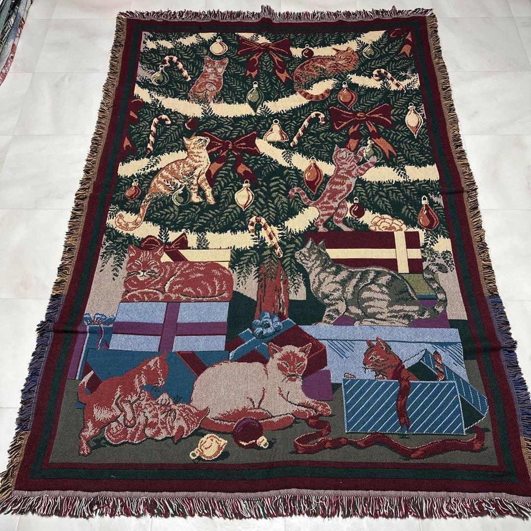 猫　クリスマス　マルチカバー　ソファーカバー　ヴィンテージラグ　180x123