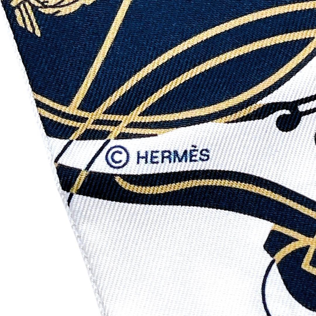 極美品 エルメス ツイリー スカーフ シルク エクスリブリス 紺 黒 レディース