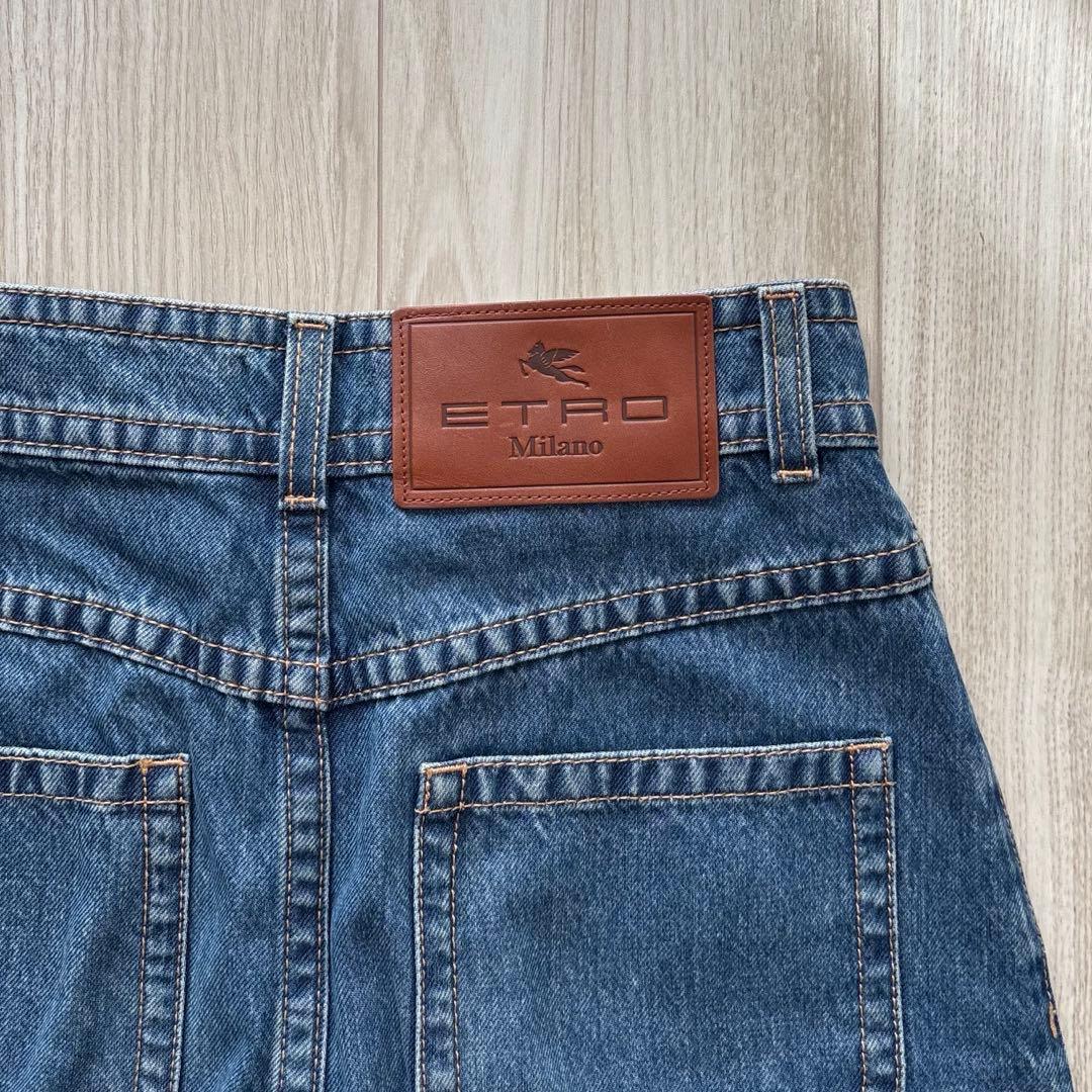 【美品】ETRO 23年製 ワイドデニムパンツ 25inch ロゴ刺繍 革パッチ