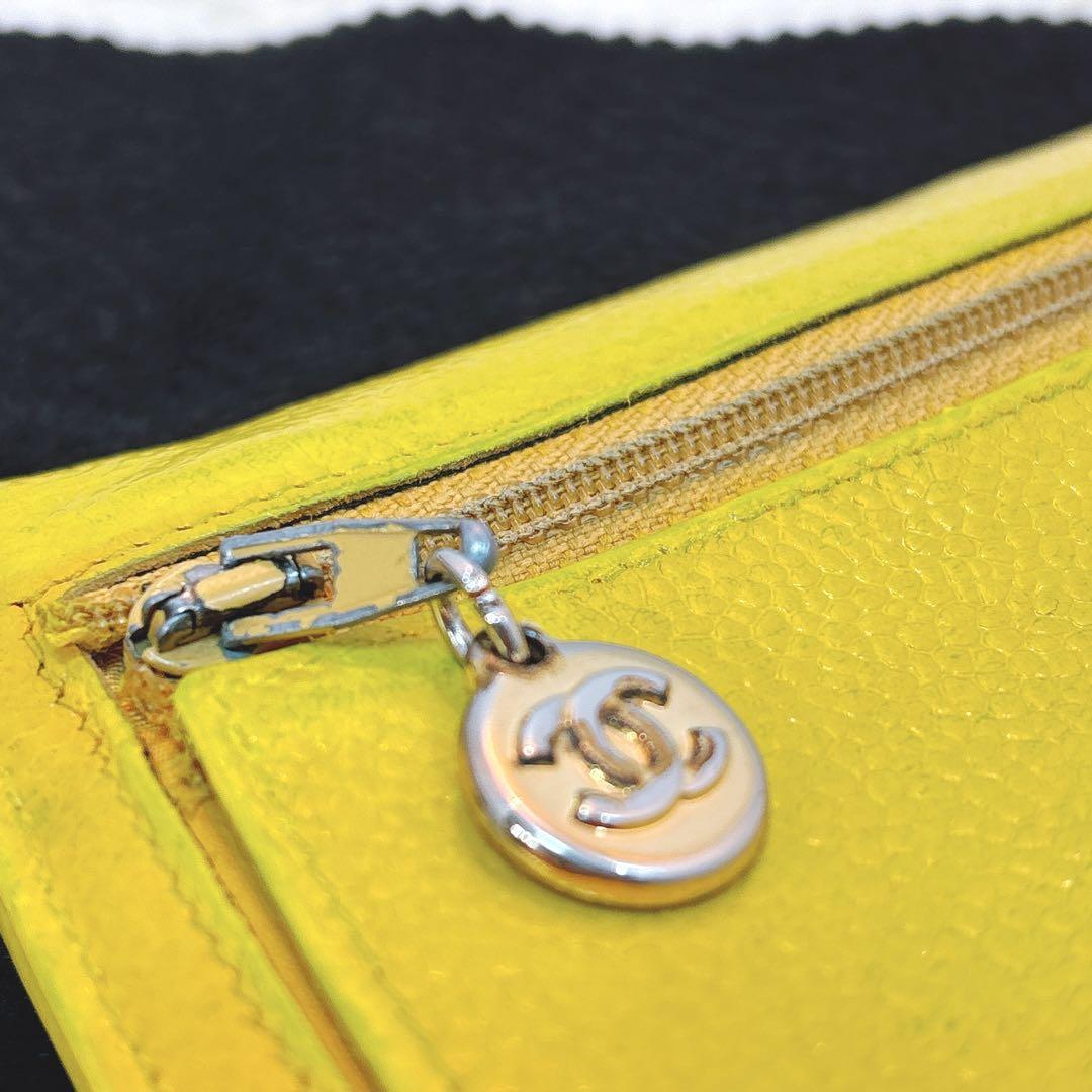 【シャネル】キャビアスキン 二つ折り 財布 チェーンウォレット イエロー 正規品