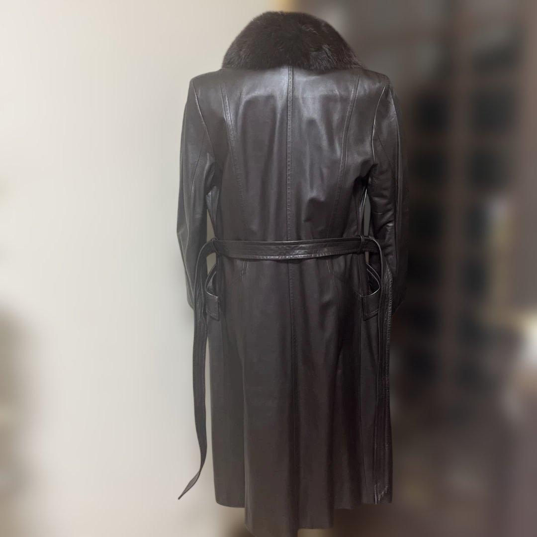 【美品】バルマンレザー ロングコート ファー襟（取り外し可能）付き