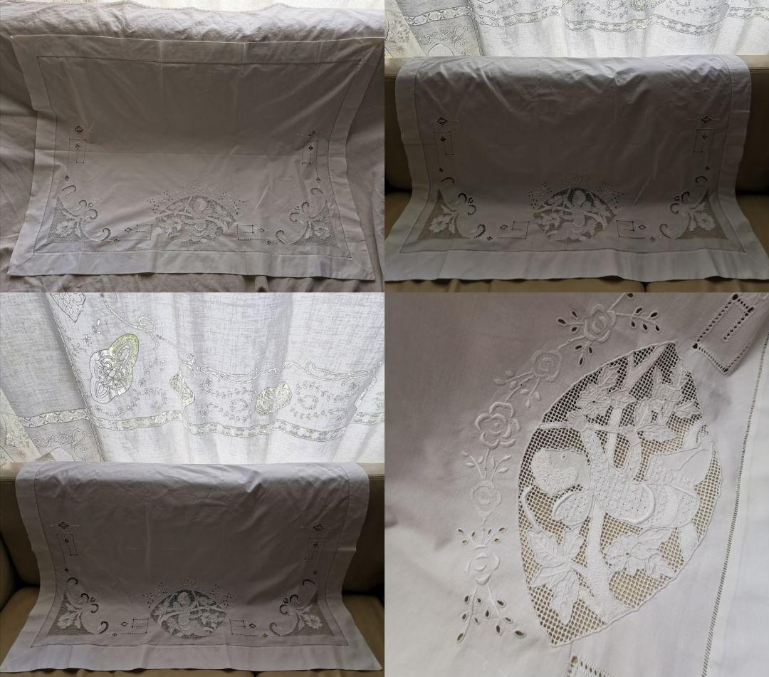 アンティークイタリア ニードルワーク刺繍 木登りのエンジェル リーフと天使クロス