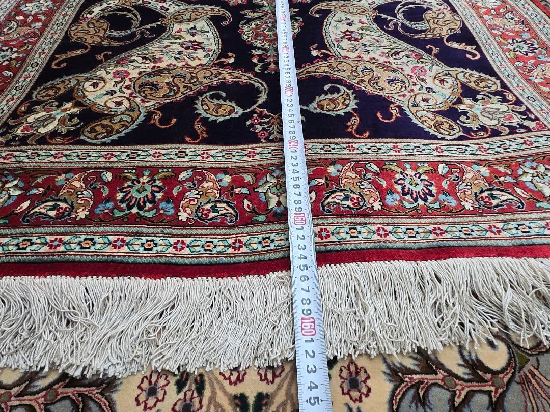 ペルシャ絨毯クム産100%シルク手織り ネイビー 赤155cm×104cm