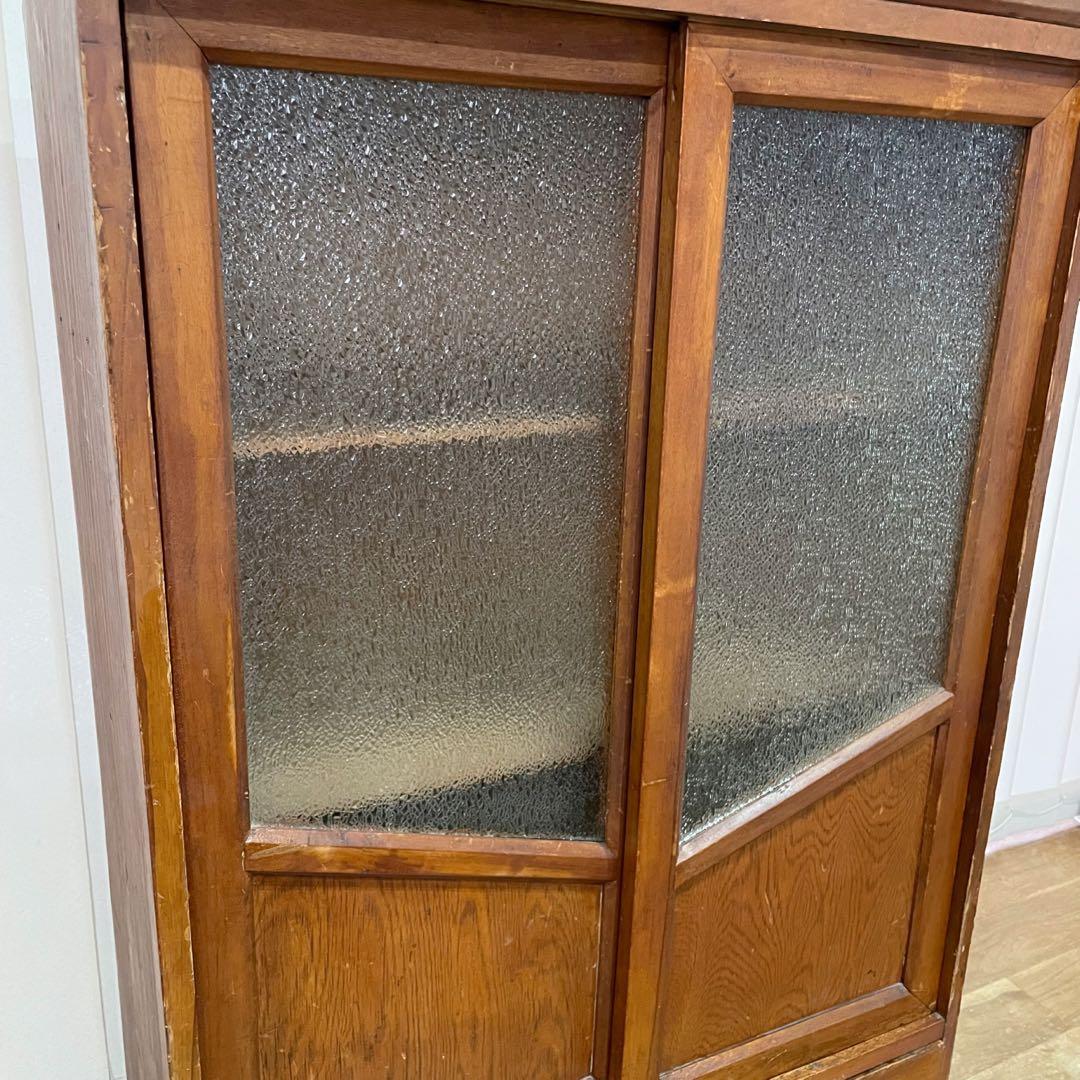 当時物　昭和レトロ　本棚　ガラス棚　ダイヤガラス　木製　アンティーク　無垢