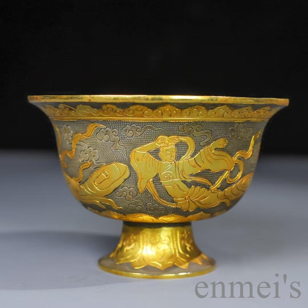 中国古美術 鍍金銅碗 鏨刻手工 酒器 茶器 細密細工 置物 古賞物 古擺件 唐物