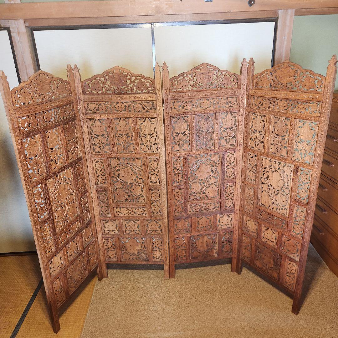 パーティション　木製　アジアン　手彫り　彫刻　アンティーク　衝立　目隠し