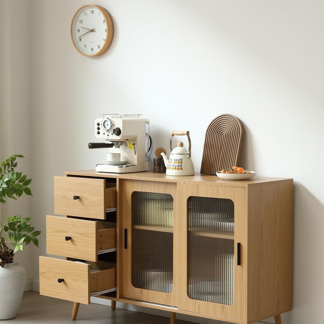 タイムセール！新作のキャビネット　引き出し付き　食器棚　扉付き　NATURAL