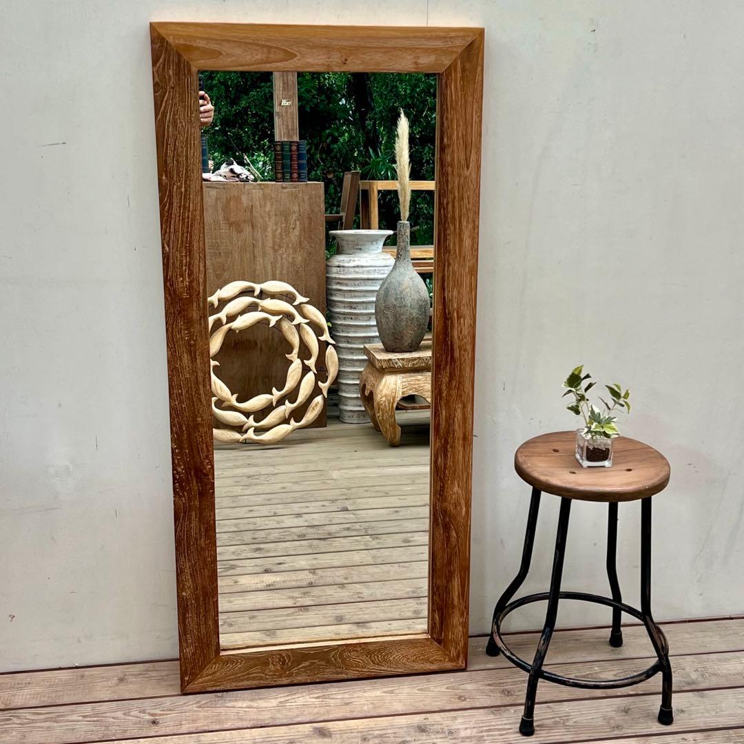 オールドチークの姿見鏡 130cm × 60cm 縦横 全身ミラー 木製フレーム
