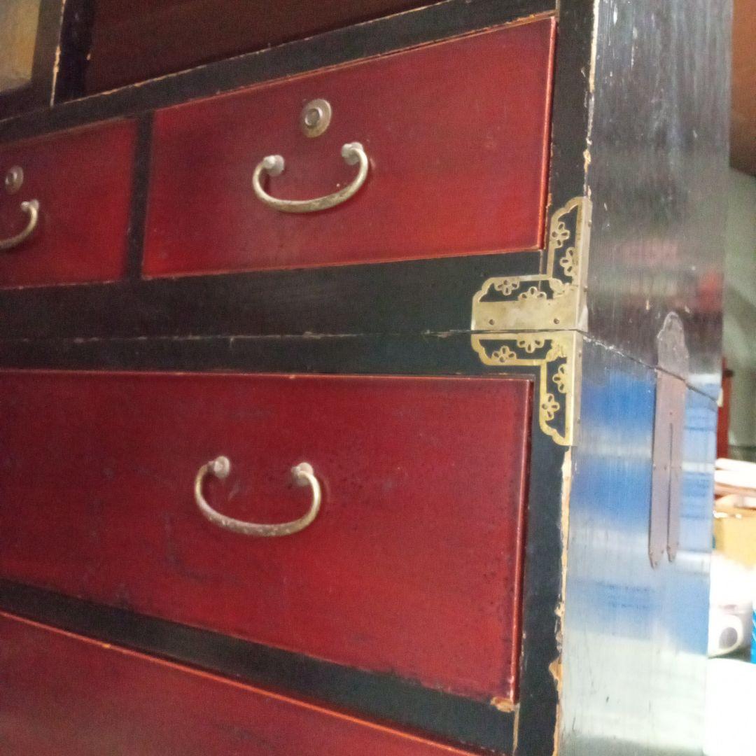 古箪笥　桐タンス　塗タンス　整理タンス　昔ガラス　三段タンス　アンティーク