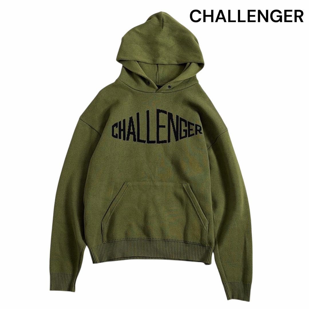 美品 チャレンジャー コットンニット パーカー M カーキ ロゴ
