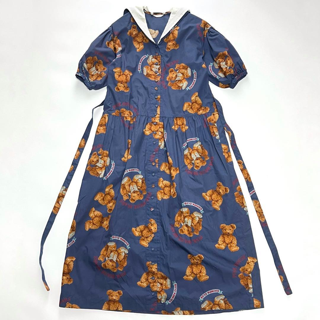 【美品】ピンクハウス　ロングワンピース　セーラーカラー　ベア　ギャザー　青