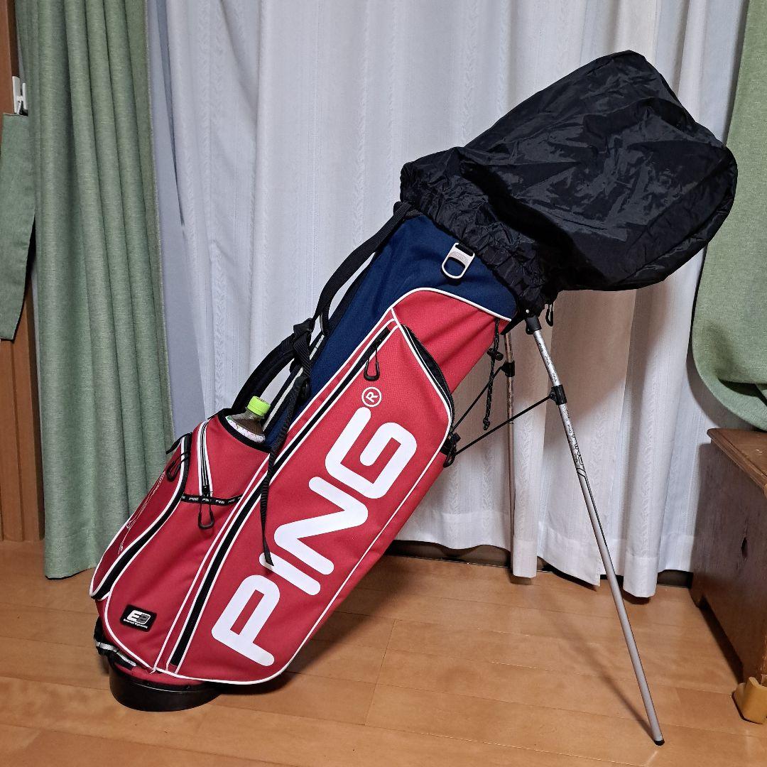 ピンスタンド式キャディバッグ-希少フード内蔵型、美品！レンチはオマケ。