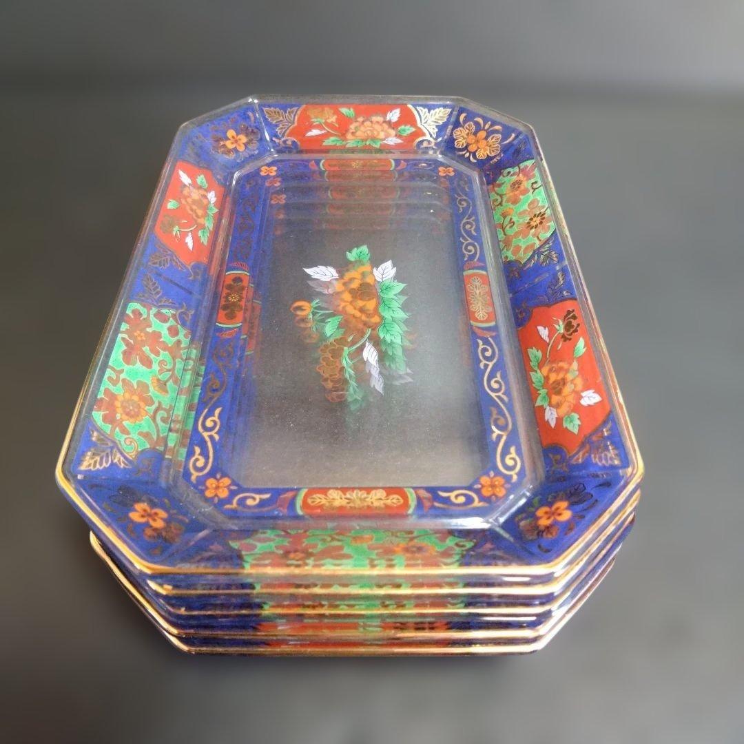 未使用 玻璃古伊萬里 ガラス長角皿5枚　お祝い