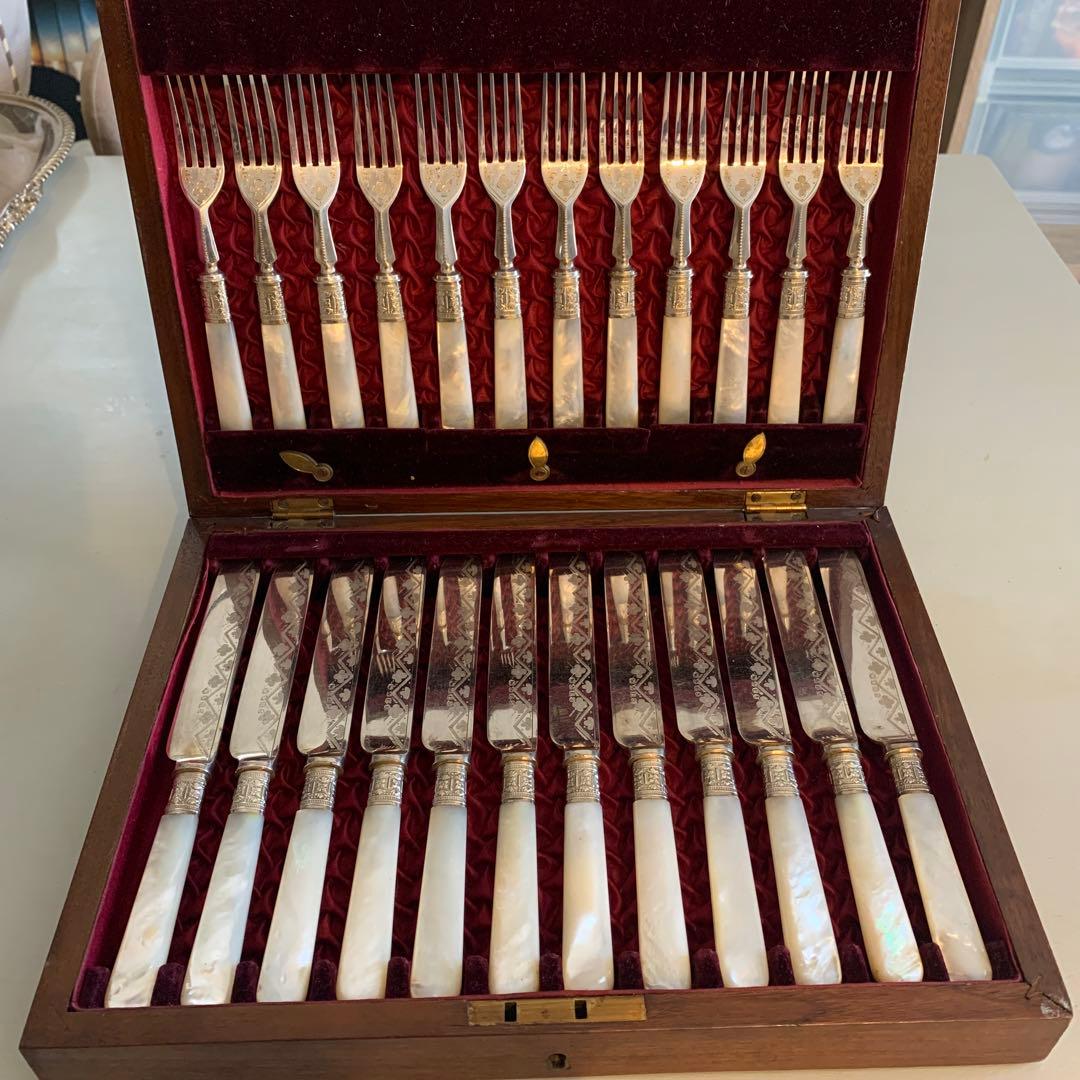 白蝶貝のデザートカトラリーセット☆12人分24本☆アンティーク☆