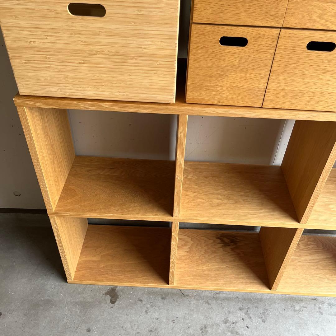 美品★無印 スタッキングシェルフセット・３段×２列・オーク材 チェスト２個竹箱付