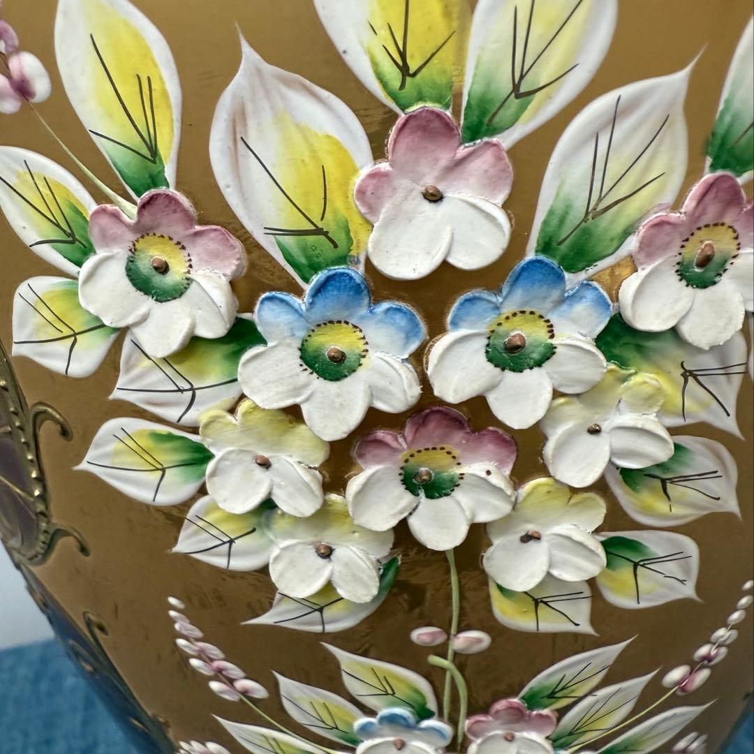 ベネチアングラス★フラワーベース 金色＆レッド チェコスロバキア 50㌢