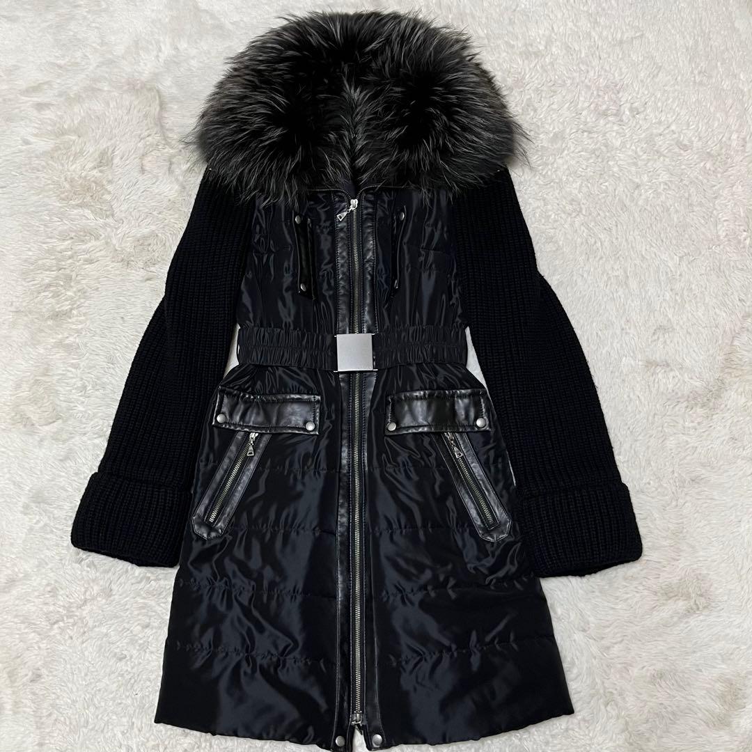 美品　EPOCA ロングコート　ベルト　ファー　レザー　ニット　ダウン　黒　L
