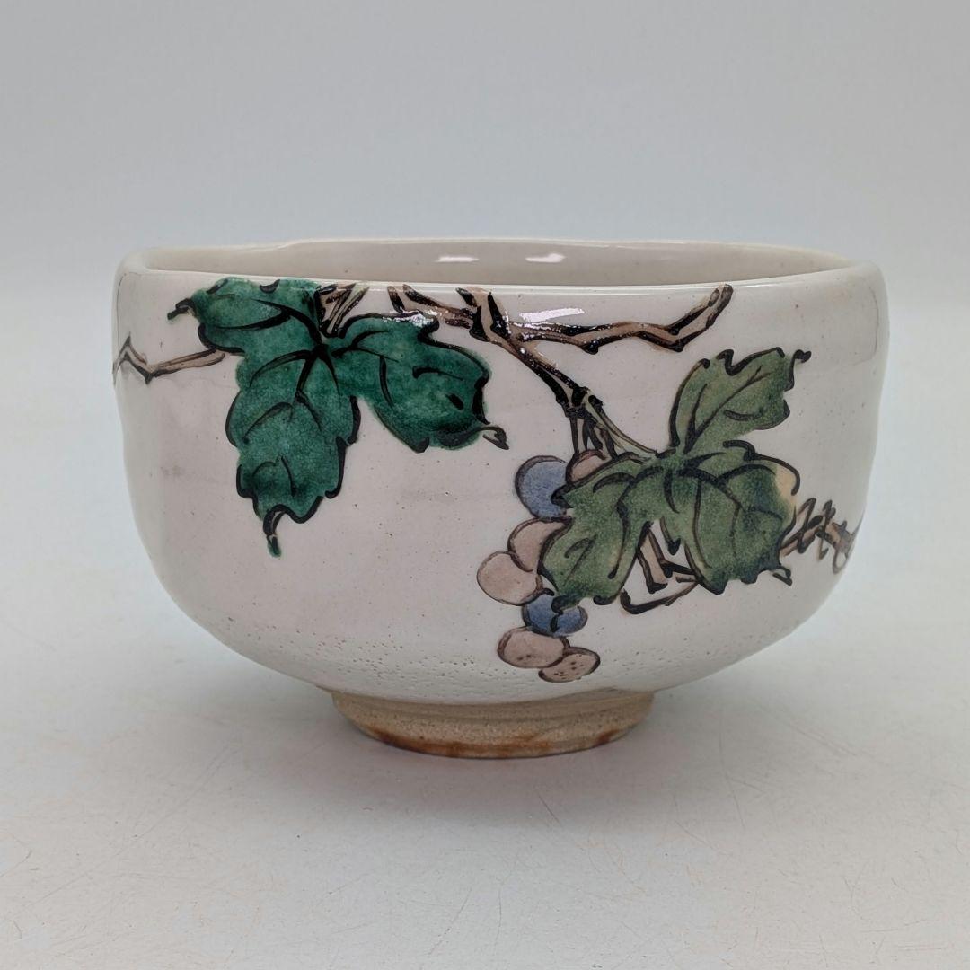 力石俊二 色絵葡萄文茶盌 共箱栞 益子焼 抹茶碗 抹茶茶碗 茶道具 茶器 食器