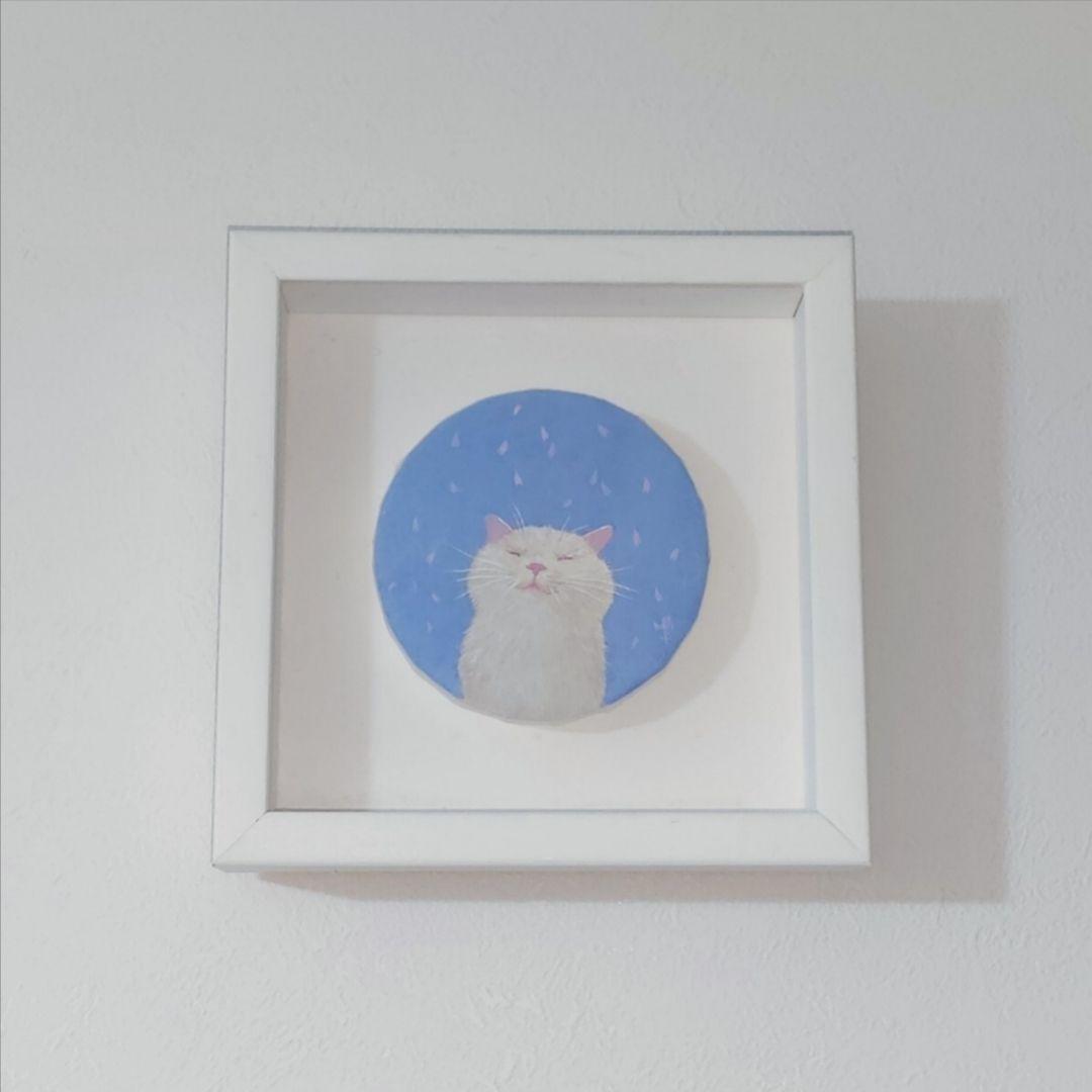 日本画家 伊藤清子 氏作 「さくらふぶき」 猫 ねこ 壁掛け 置型両用 和紙