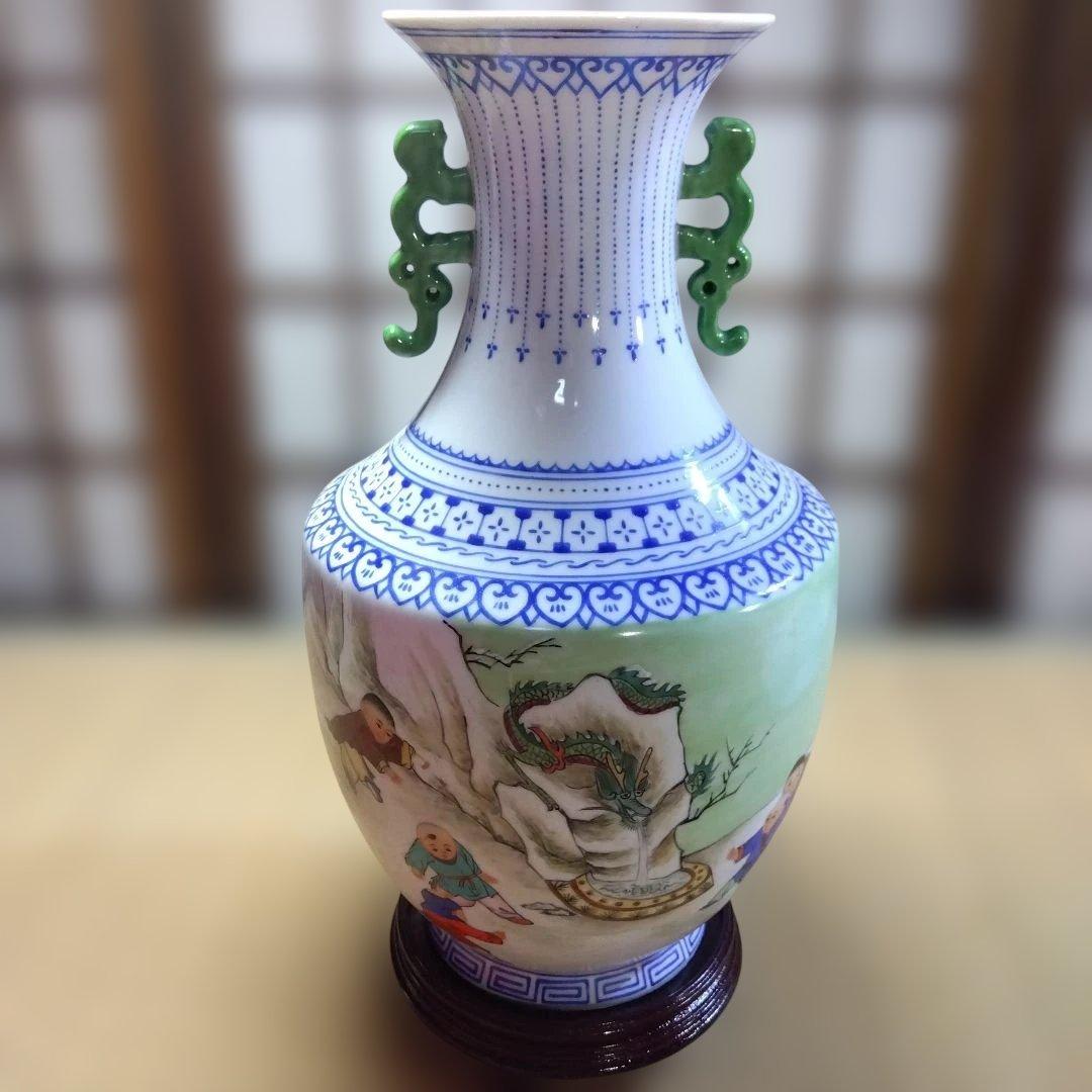 唐物　花瓶　陶磁器 花瓶 緑の持ち手 ドラゴン絵柄　唐子