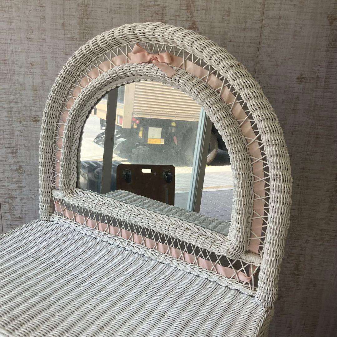 北欧レトロ 姫系 ラタンドレッサー 鏡台 椅子&ゴミ箱付き ビンテージ 古家具