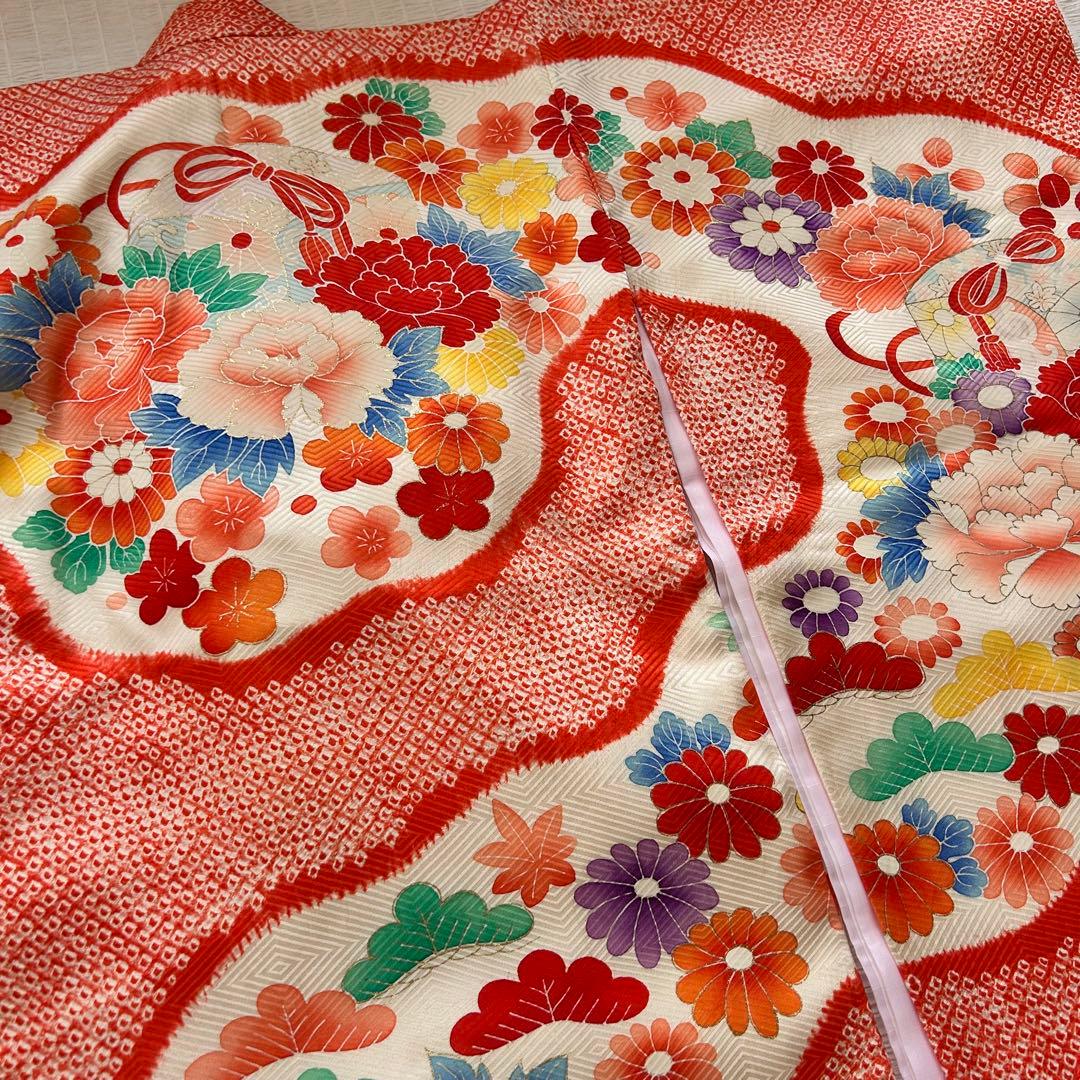 七五三 3歳 着物 753 正絹 総絞り 被布 赤 子供着物 女の子 花