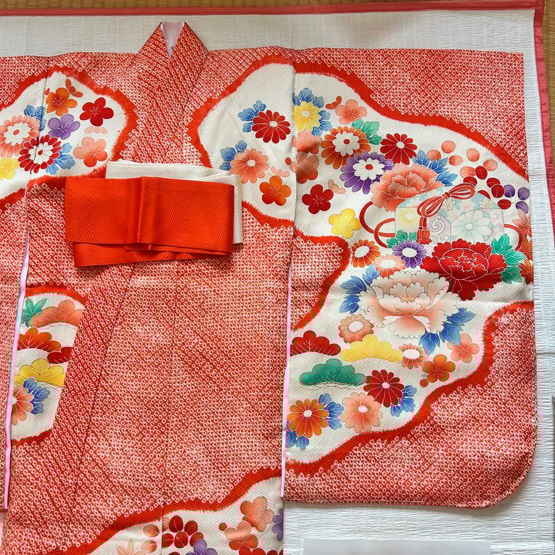 七五三 3歳 着物 753 正絹 総絞り 被布 赤 子供着物 女の子 花