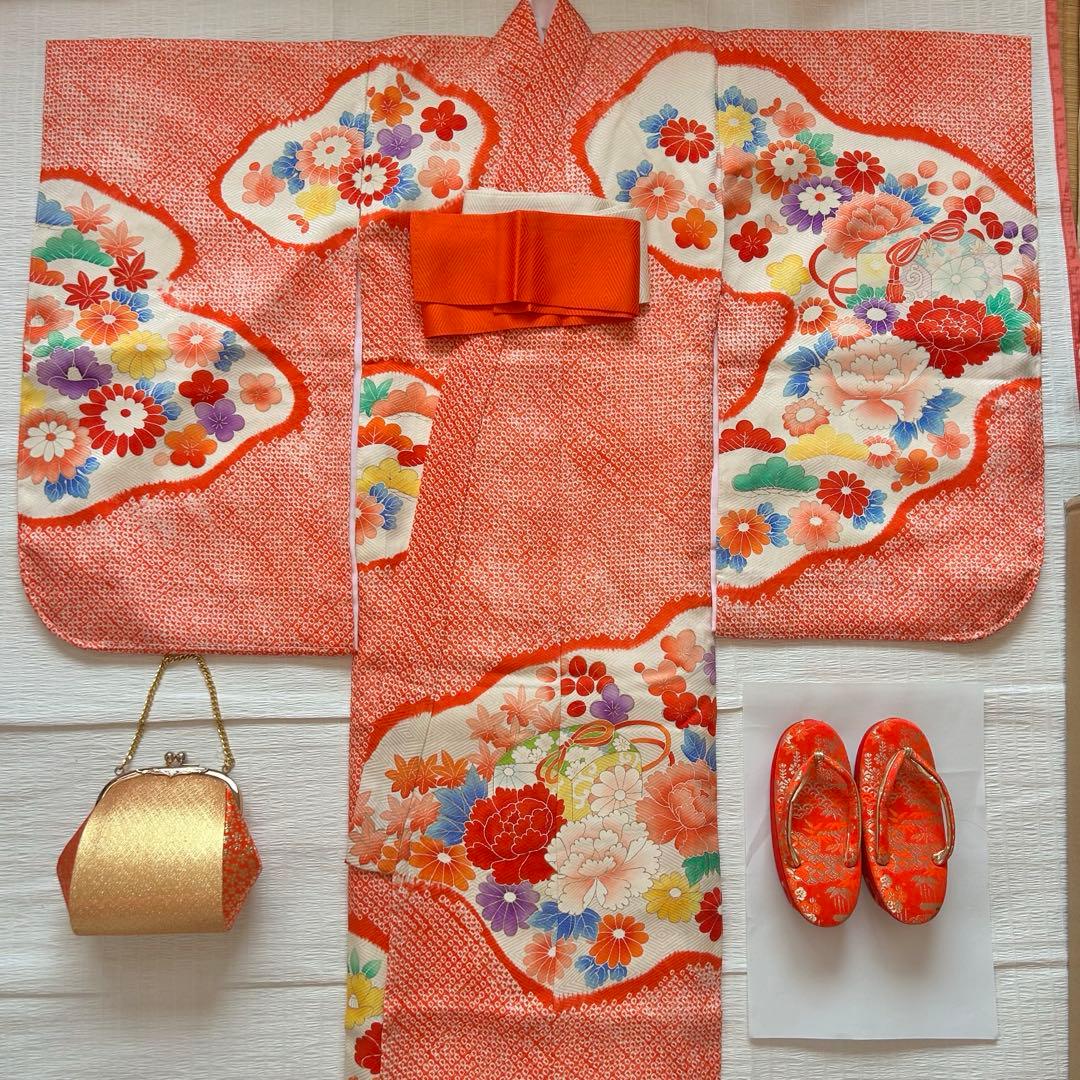 七五三 3歳 着物 753 正絹 総絞り 被布 赤 子供着物 女の子 花