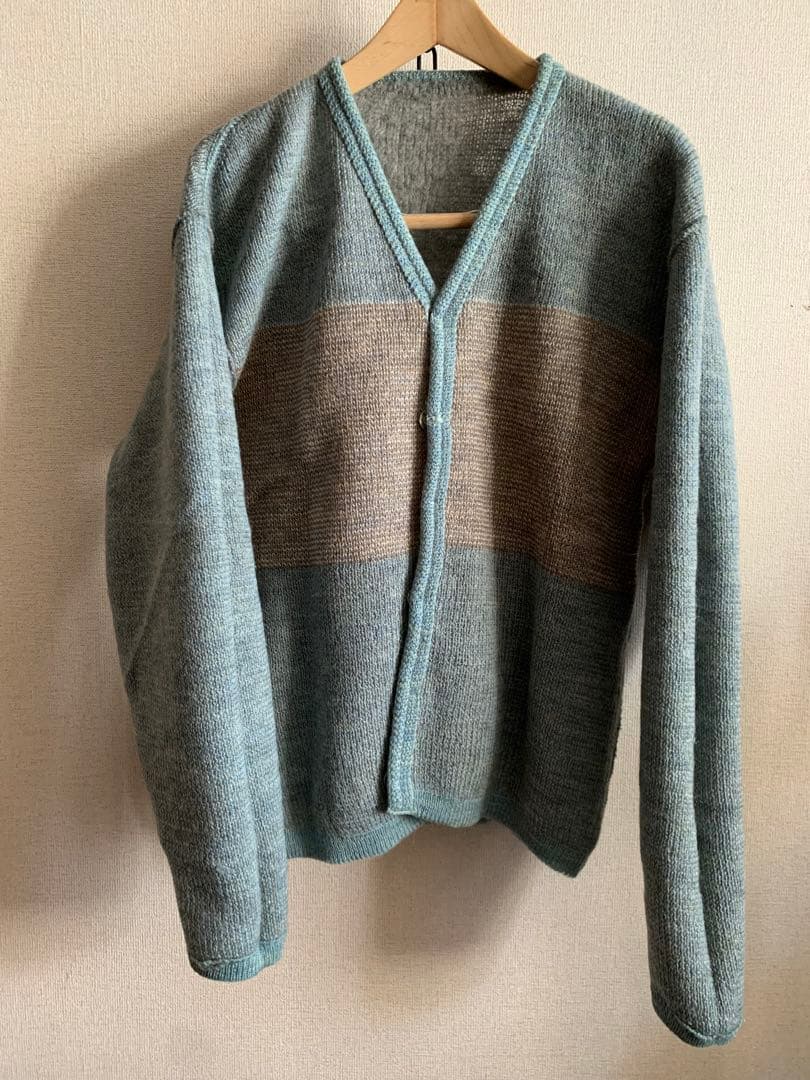 モヘアカーディガン60s ブルー　配色切替　古着　メンズ　レディース