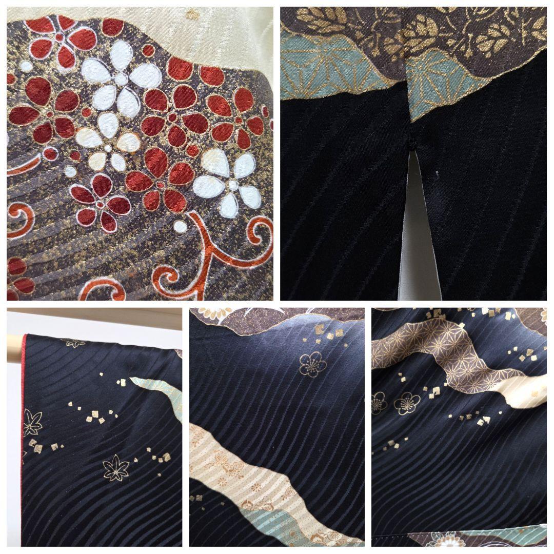 B◆着物くつろぎ 吉祥文様 金彩 金駒刺繍 黒 袷 正絹 中振袖 着物