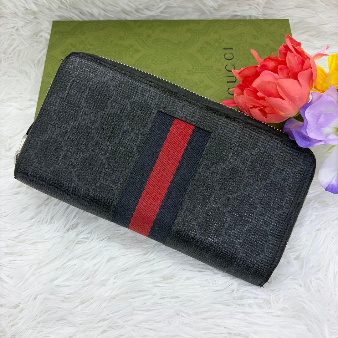 美品✨グッチ　長財布　ラウンドファスナー　シマ　シェリーライン　レザー　黒