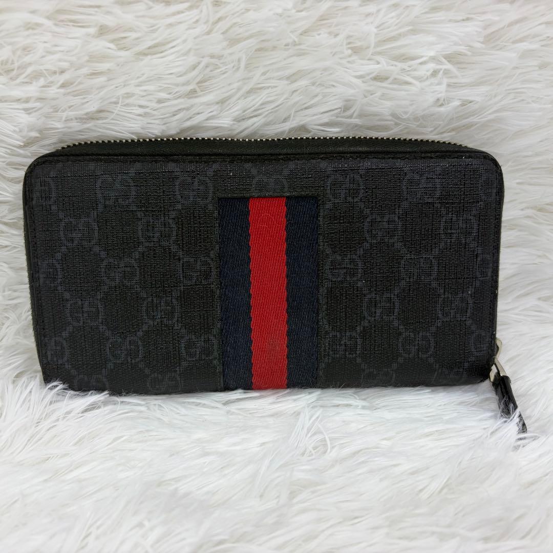 美品✨グッチ　長財布　ラウンドファスナー　シマ　シェリーライン　レザー　黒
