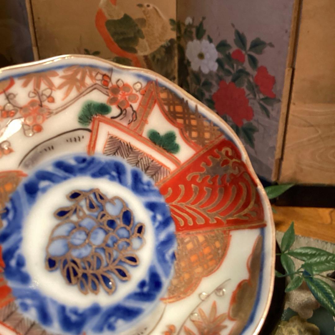 A1033 古伊万里　金襴手　梅に松　宝尽紋様　　豆皿　ちびちび　5枚