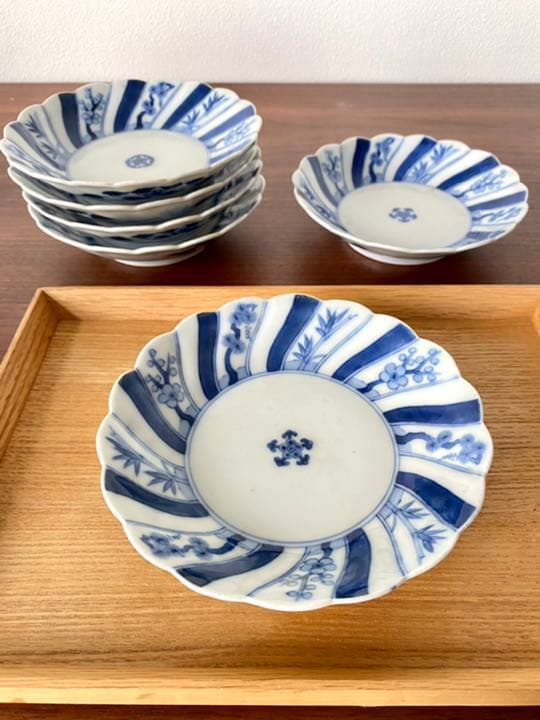 【松竹梅 五弁花】★中皿６枚揃★ 染付 渦福 角福 藍柿 骨董 アンティーク