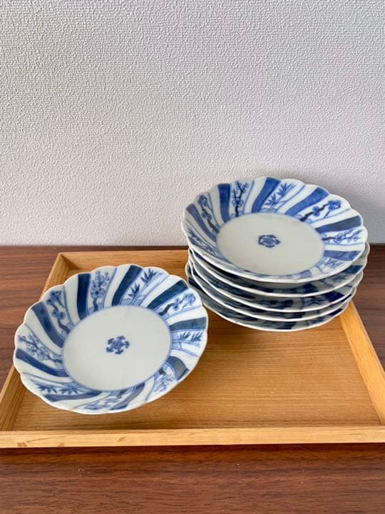 【松竹梅 五弁花】★中皿６枚揃★ 染付 渦福 角福 藍柿 骨董 アンティーク