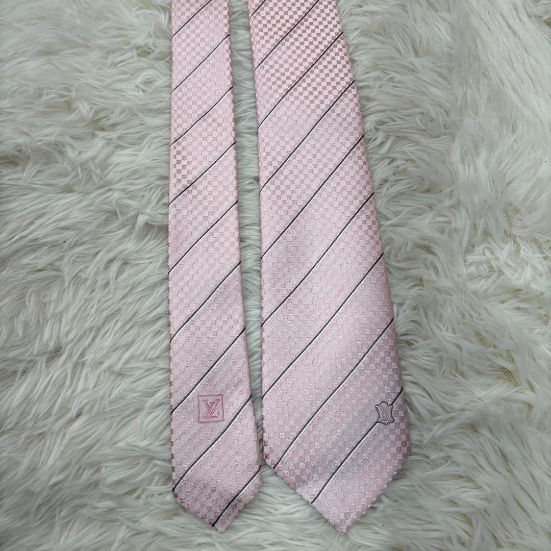 極美品 ルイヴィトン マイクロダミエ ストライプ 現行 シルク ネクタイ ピンク