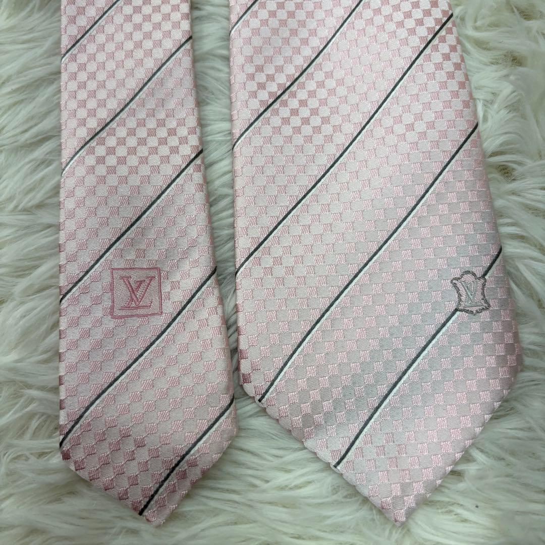 極美品 ルイヴィトン マイクロダミエ ストライプ 現行 シルク ネクタイ ピンク