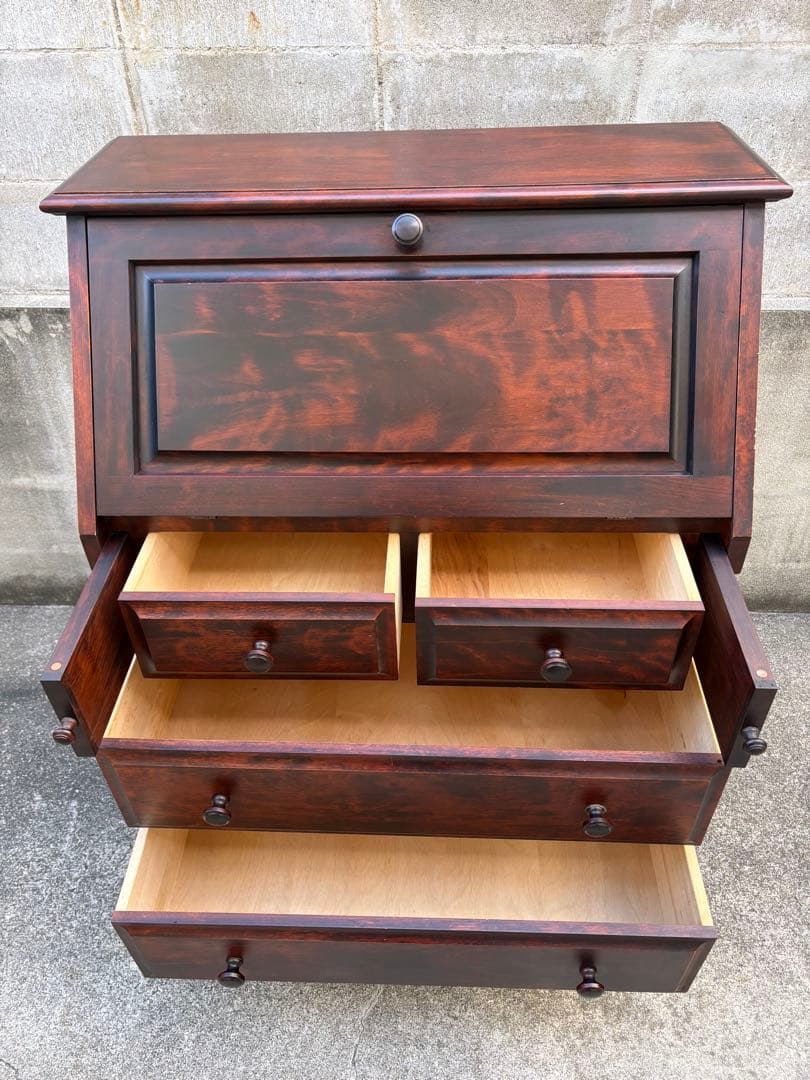 【長野松本民芸家具】天然木ライティングビューロー ダークブラウン　デスクチェスト