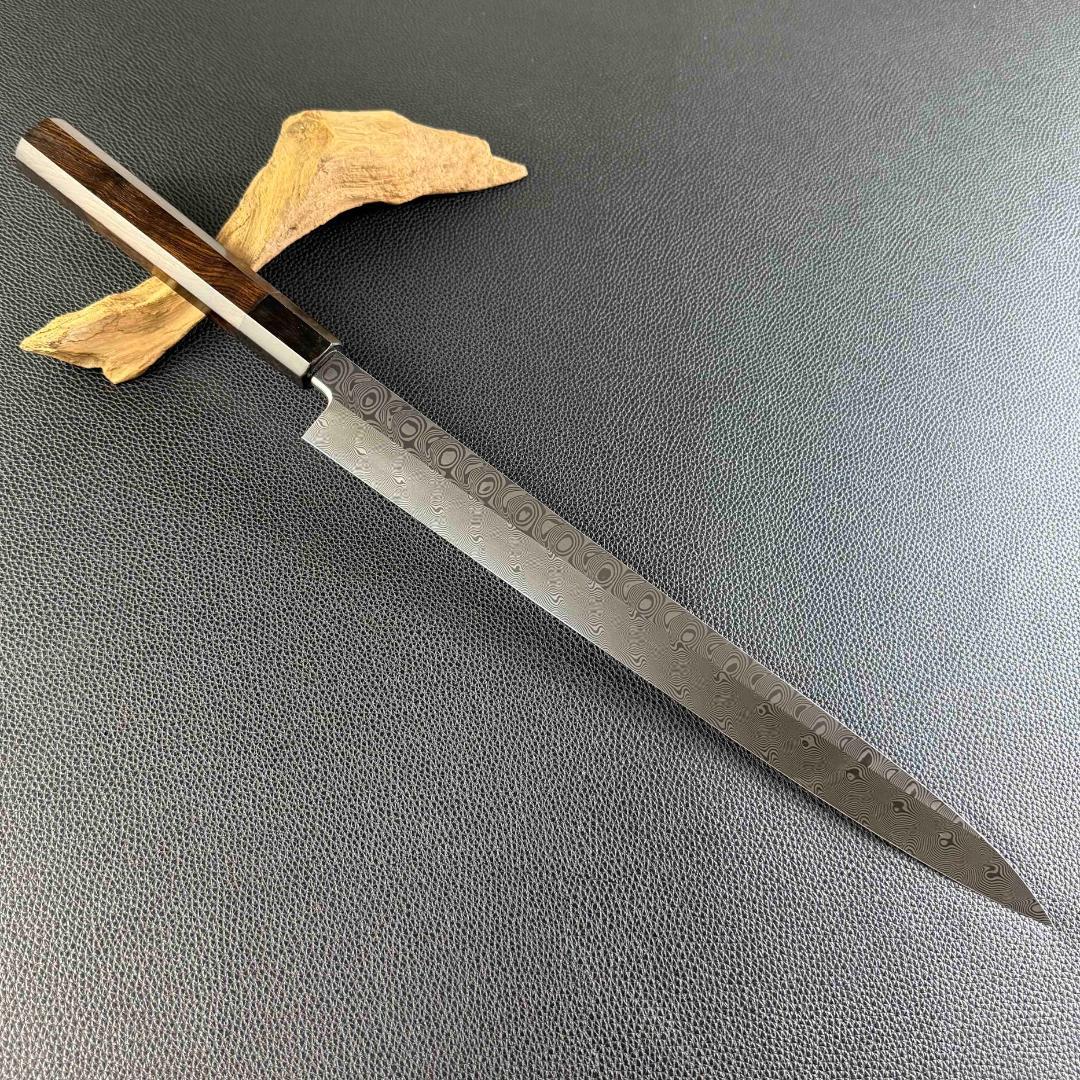 9493 新品 ダマスカス 柳刃包丁 尺 風紋の刃 105層 黒檀黒水牛角八角柄