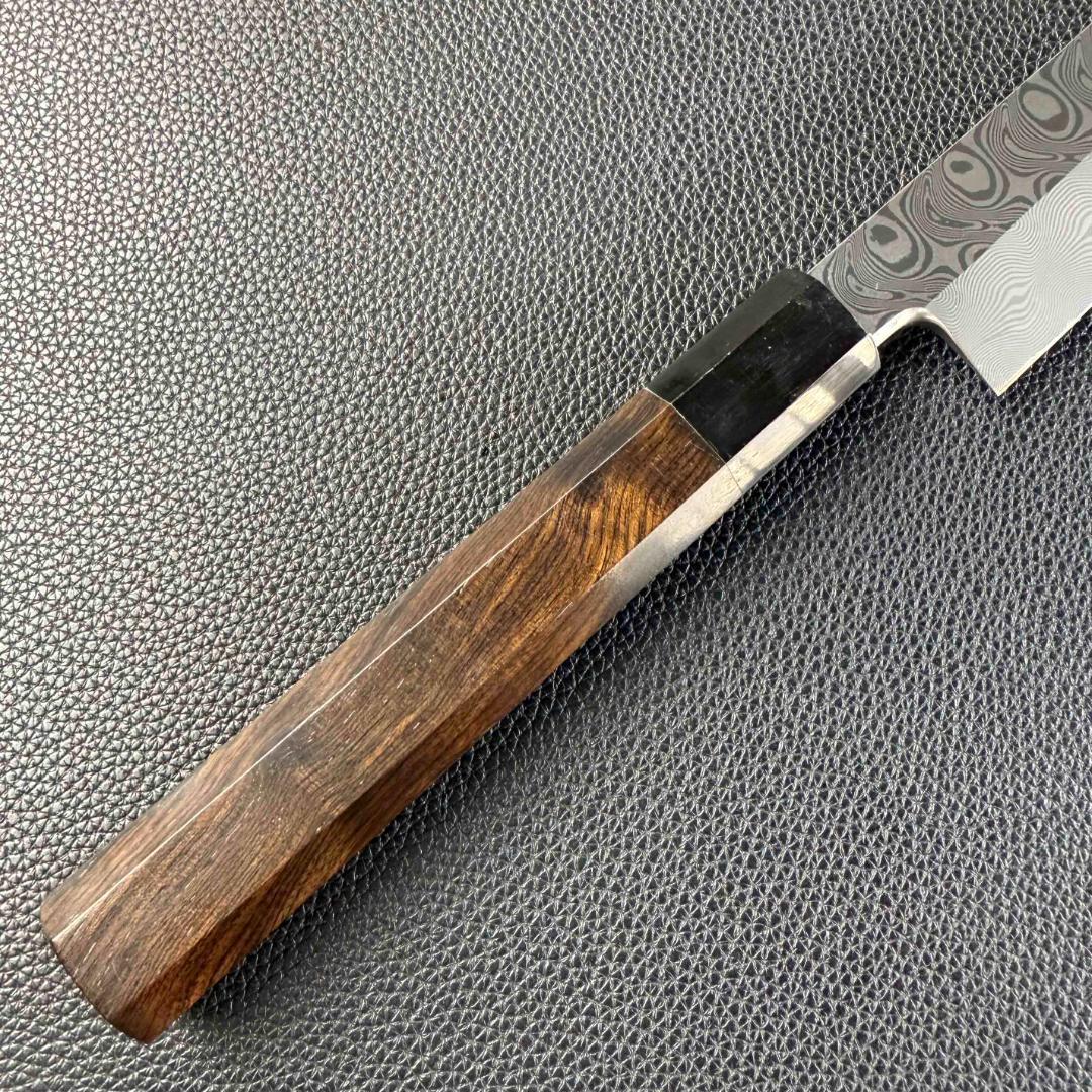 9493 新品 ダマスカス 柳刃包丁 尺 風紋の刃 105層 黒檀黒水牛角八角柄