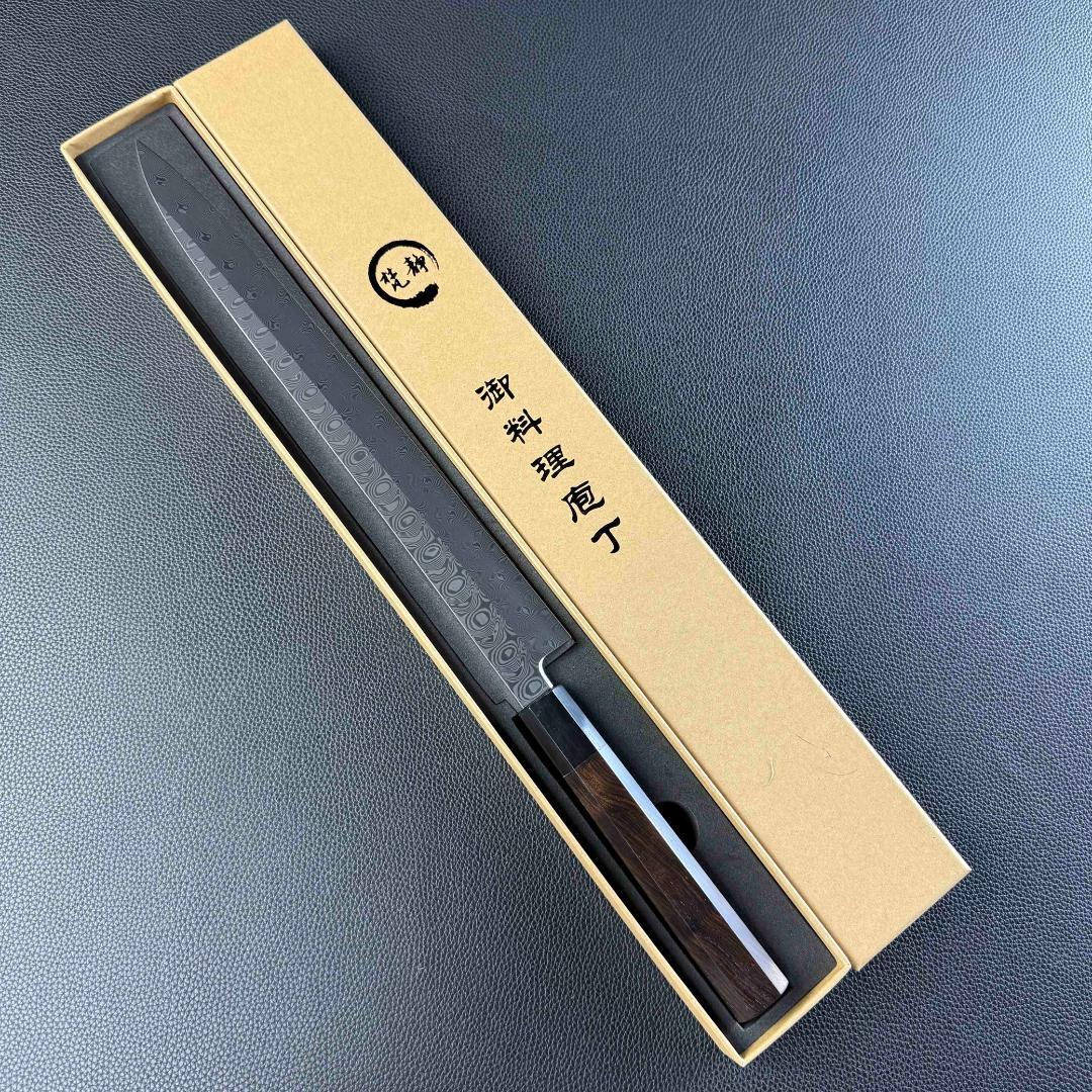 9493 新品 ダマスカス 柳刃包丁 尺 風紋の刃 105層 黒檀黒水牛角八角柄
